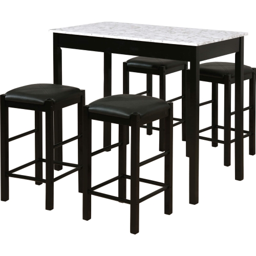 Lancer 5 Piece Counter Dining Set in Black Faux Marble, Wood & Leatherette